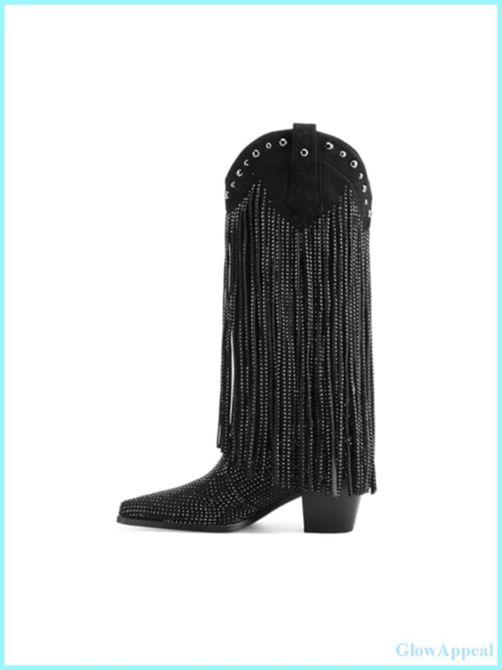 Rhinestone Fringe Cowboy Boots Pointed Toe Chunky Heel Pull On Mid Calf Western